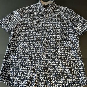 Michael Kors Men's Navy and White Patterned Shirt-Size Medium‎